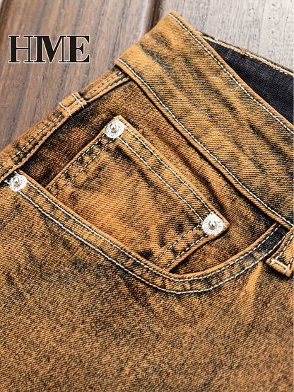 HME Men's Color Block Denim Pants, Gradient Multi-Pocket Jeans, Trendy Two-Tone Washed Street Style Versatile Jeans, Mid-Rise Stretch Slim Fit Classic Five-Pocket Design, All-Season Wear, Elastic Fabric Suitable for Machine Wash, Built-in YKK Zipper