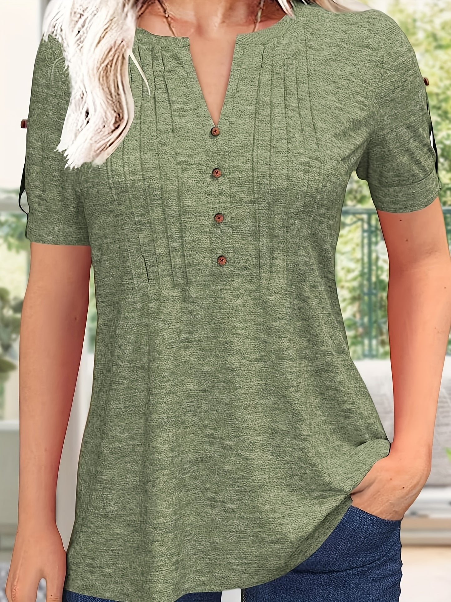 Women's Green Viscose V-Neck Pleated T-Shirt - product view 21