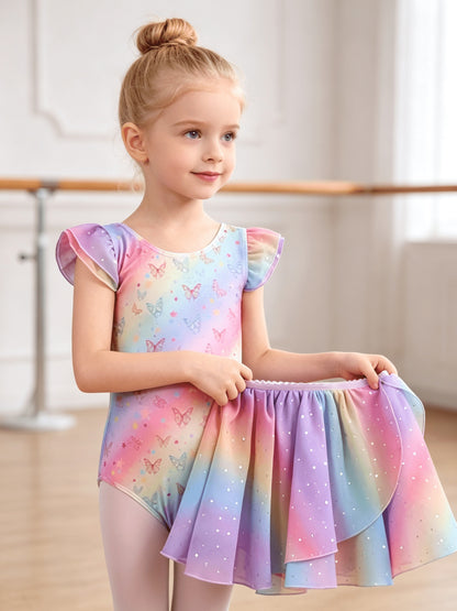 Summer New Kids' Dress, 1pc Of Gym Uniform, 1pc Of Skirt Set, Girls' Clothing Rainbow Flutter Sleeve Sequin Chiffon Dress Set, Children's Clothing Ballet Leotard, Perfect for Outdoor