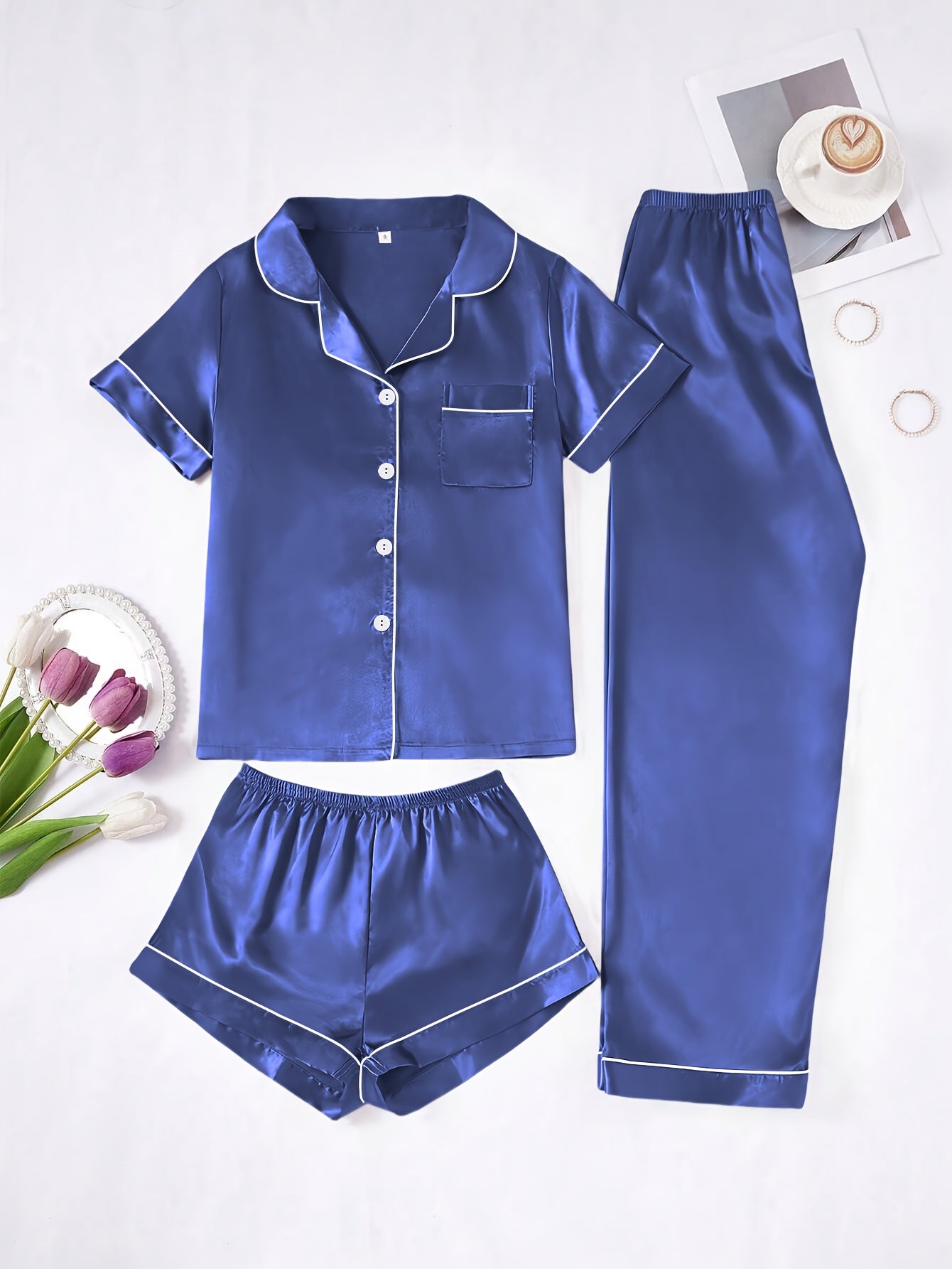 Solid Color Women'S Simple And Comfortable 3pcs Pajama Set, Includes 3pcss: Collared Short-Sleeve Top & Elastic Waist Shorts & Elastic Waist Long Pants Women'S Pajama Set