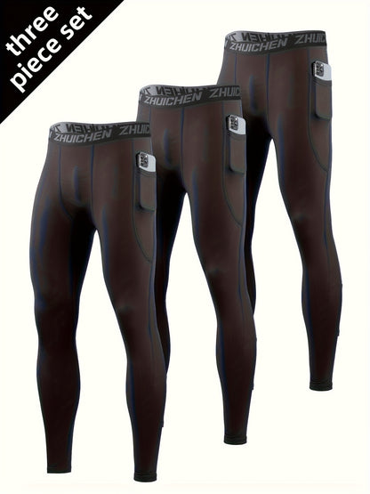 3pcs Men'S Compression Leggings with Pockets - High Stretch, Quick-Dry Athletic Tights for Basketball, Running And Fitness Training