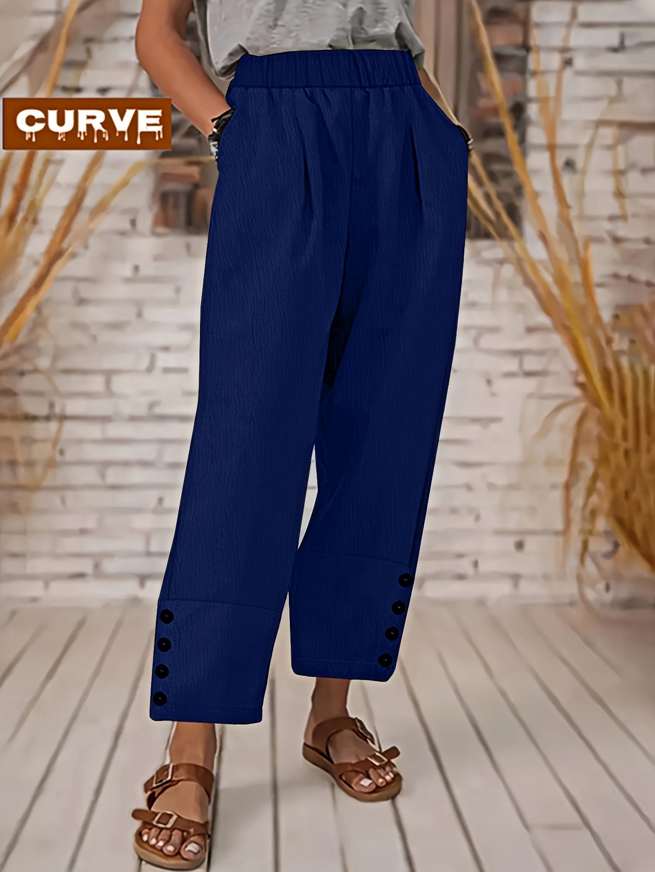 Plus Size - Spring, Summer And Autumn Large-sized Casual Trousers, Solid Color, Button Design, Elastic Waist, Pockets, Large-sized Women'S Harem Trousers For Casual Daily