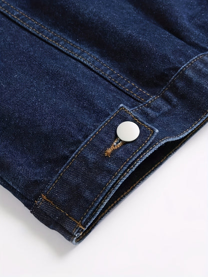1pc Men'S Casual Denim Jacket, 80% 20%, Solid Color, Lapel Collar, Non-Stretch Woven Fabric, Regular Fit with Pockets
