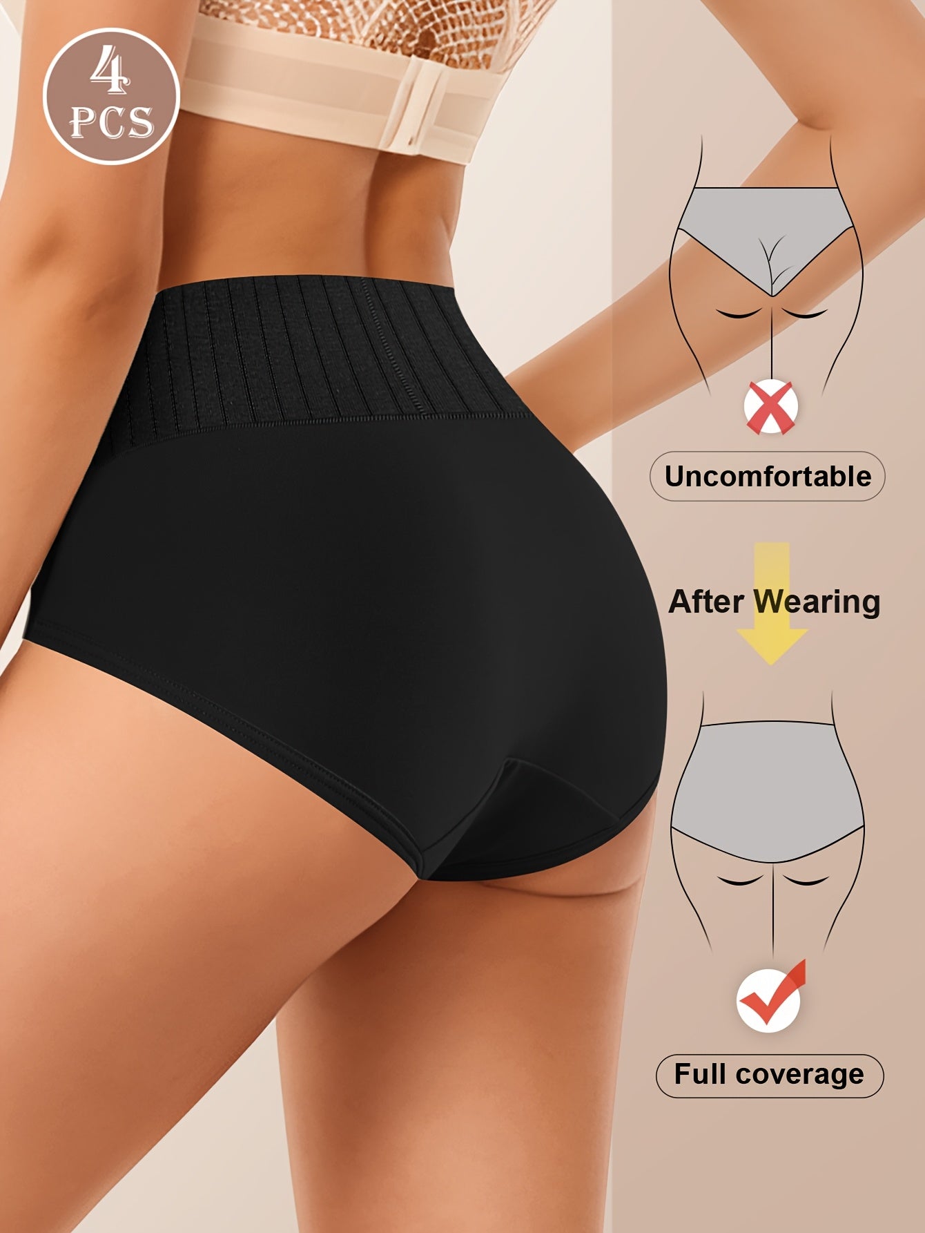 4pcs Solid High Waist Briefs, Comfy & Simple Intimate Panties, Women's Underwear & Lingerie
