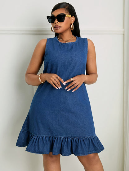 Casual Denim Dress with a Ruffled Hem And Back Buttons, Designed for Plus Sizes, Perfect for Autumn