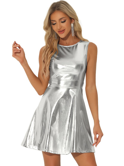 Metallic Holographic Women's High Waist Sleeveless Club Party Disco Dress