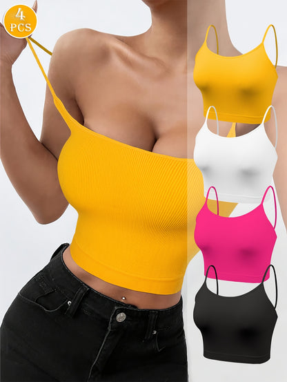 4/8pcs Solid Color Side Stripe Sexy Strapless Women'S Outerwear Camisole Daily Bra&Seamless Stretch Spaghetti Straps Sports & Casual Tank Top Bra Without Steel Ring&Women'S Underwear And Lingerie