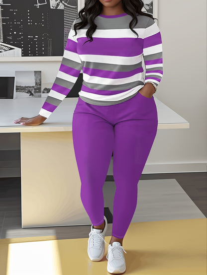 Plus Size Color Block Two-piece Set, Casual Crew Neck Long Sleeve Top & Pants Outfits, Women's Plus Size Clothing