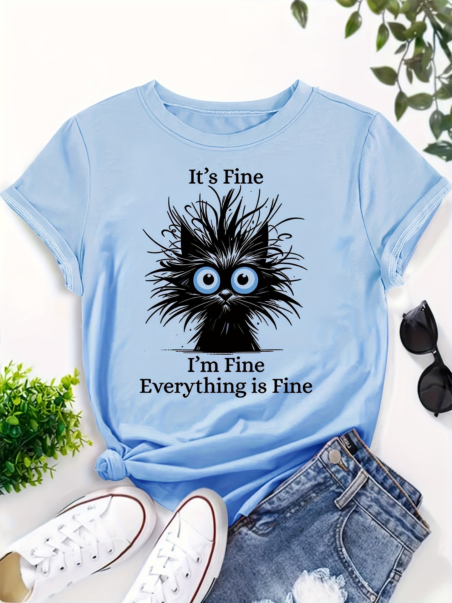 Whimsical "It's Okay, I'm Fine, Everything's Fine" Women's Cat Print T-shirt - Light Blue, Casual Version, Round Neck, Short Sleeve, Polyester, Machine Washable