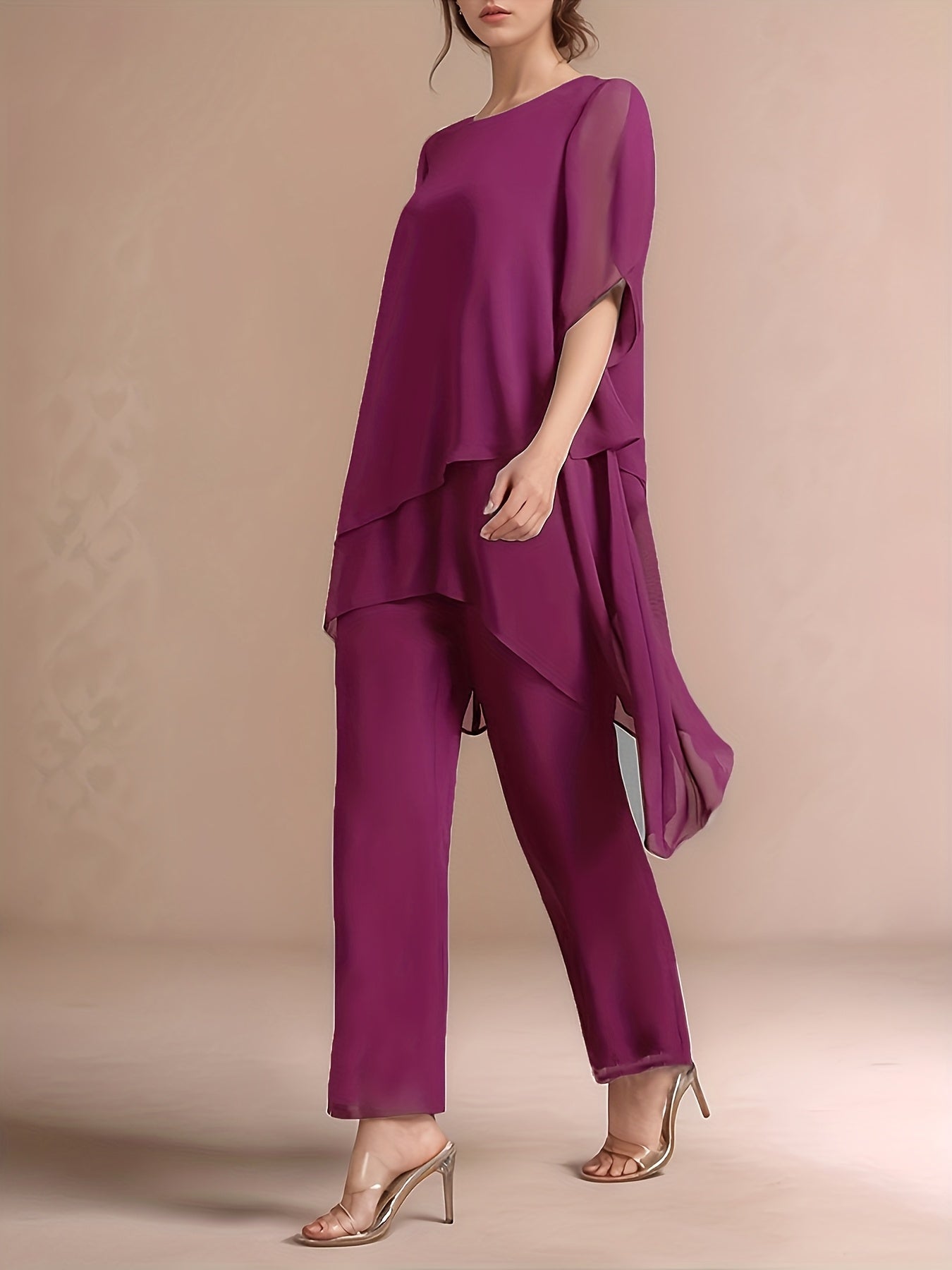 Women'S Chiffon Short Sleeve 2pcs Set Solid Color Irregular Elegant Party Fashion Suit