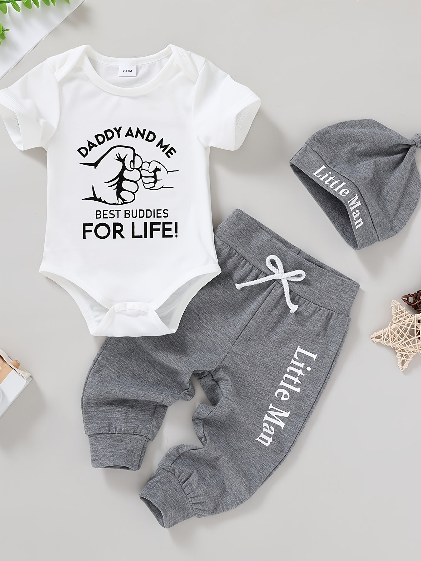 3pcs Cute Baby Boy Soft, Comfortable, Breathable Letter And Gesture Pattern Jumpsuit And Letter Slogan Front Tie Pants with Hat Suitable for Casual Daily Vacation Parties, Perfect for Outdoor