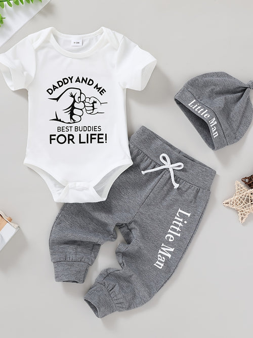 3pcs Cute Baby Boy Soft, Comfortable, Breathable Letter And Gesture Pattern Jumpsuit And Letter Slogan Front Tie Pants with Hat Suitable for Casual Daily Vacation Parties, Perfect for Outdoor