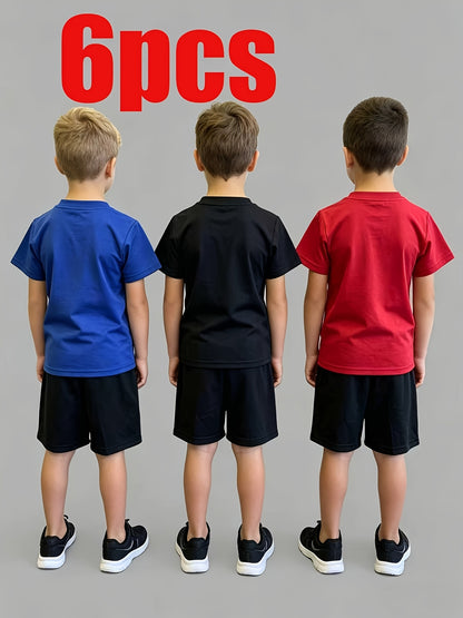 6pcs Boys' Breathable, Comfortable, And Stylish Printed Round-neck Short-sleeve And Shorts Set - Spring/Summer/Autumn Casual Wear, Leisurewear | Sporty Style | Stretchy Fabric, Suitable for Outdoor, Perfect for Outdoor