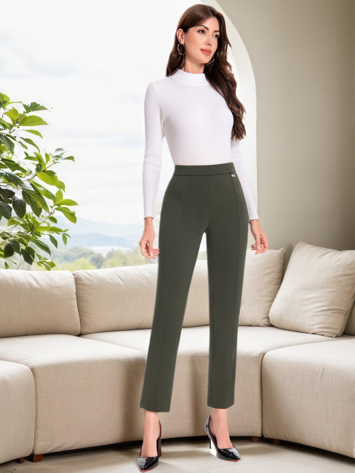 Women's High-Waist Skinny Pants - Stretch Pull-On Work Trousers with Elastic Waistband, Slim Straight Leg Dress Pants for Office, Business Casual & Year-Round Wear, Solid Color (Machine Washable) - Not Included
