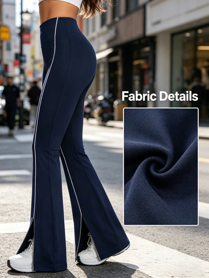 Women'S Stretchy Flared Pants, High Waist Tummy Control Split Hem Bell Bottom Leggings with Reflective Line, Casual Streetwear Trousers