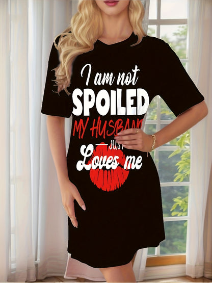 Casual Short-Sleeve Pajamas for Women Featuring The Print "I'M Not Spoiled, Just Loved by My Husband" Along with a Red Lips Pattern. They Are Machine Washable, Suitable for All Seasons, Made from Breathable Fabric