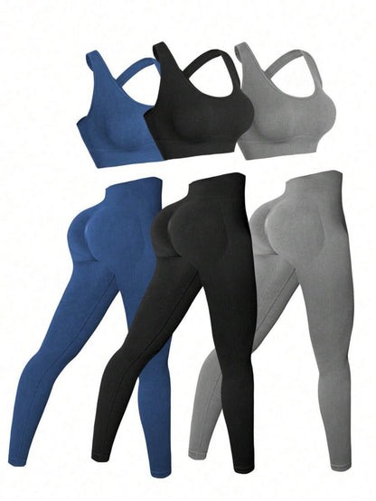 Three Seamless Women'S Activewear Sets High-Stretch Backless Bra And Hip-Lifting Leggings with Crossover Strap Details