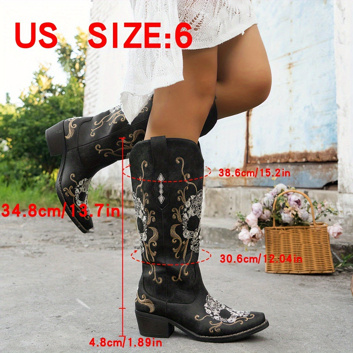 Women'S Retro Embroidered Skull Western Cowboy Boots - Slip-On Chunky Mid-Heel Square Toe, Faux Cover & TPR Outsole, All-Season Comfort for Halloween, Casual & Themed Events, Cowboy Accessories, Themed Event Footwear, Durable Footwear Construction
