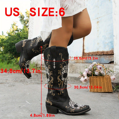 Women'S Retro Embroidered Skull Western Cowboy Boots - Slip-On Chunky Mid-Heel Square Toe, Faux Cover & TPR Outsole, All-Season Comfort for Halloween, Casual & Themed Events, Cowboy Accessories, Themed Event Footwear, Durable Footwear Construction