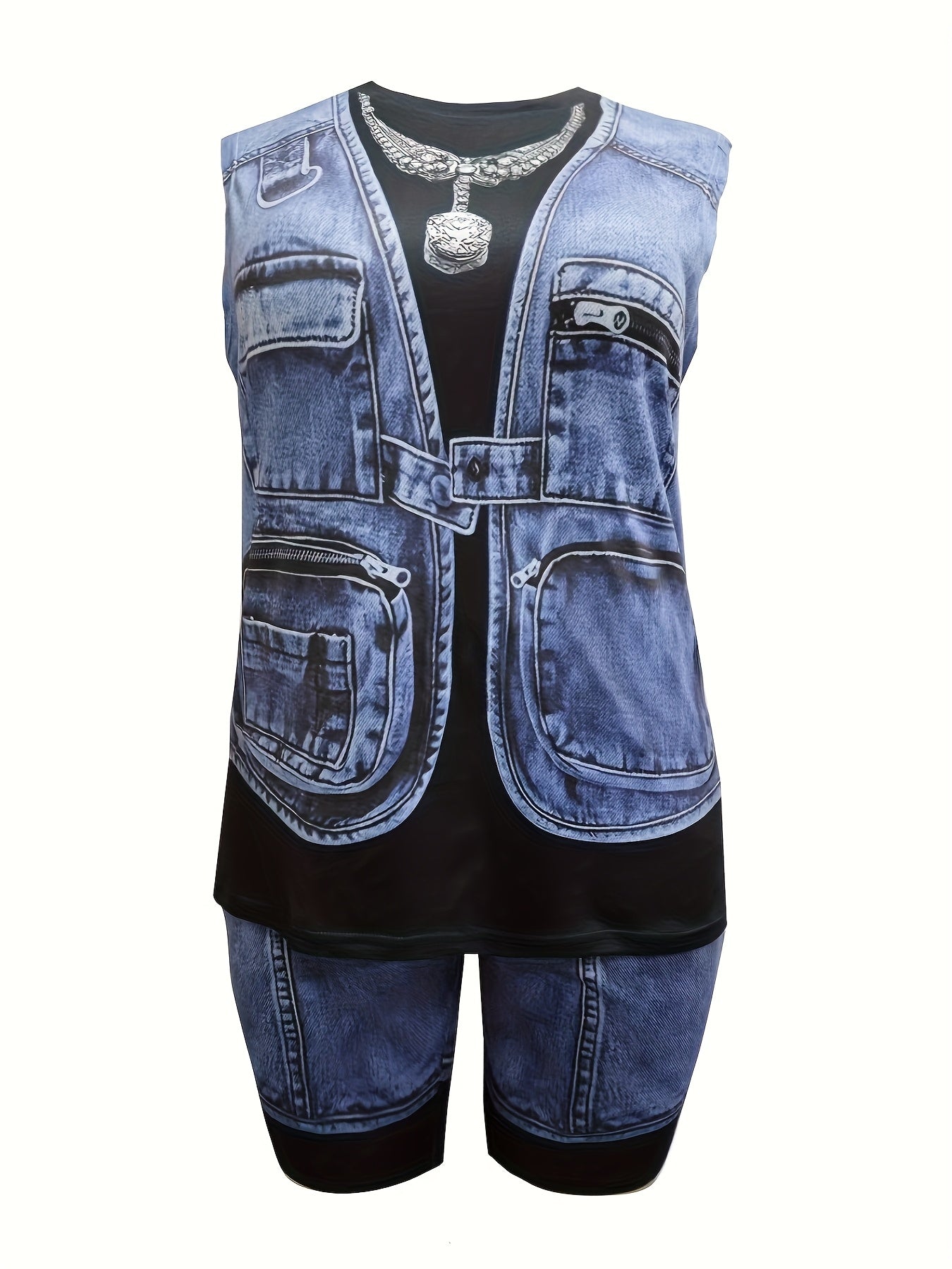 [Printed Pants - Not Denim Fabric] [Denim Print/ Denim Imitation]Women's Full-body Denim Imitation Print Two-piece Set. Loose Casual Sleeveless Top with Fitted Shorts. Round Neck Loose Top + Tight Shorts Set.