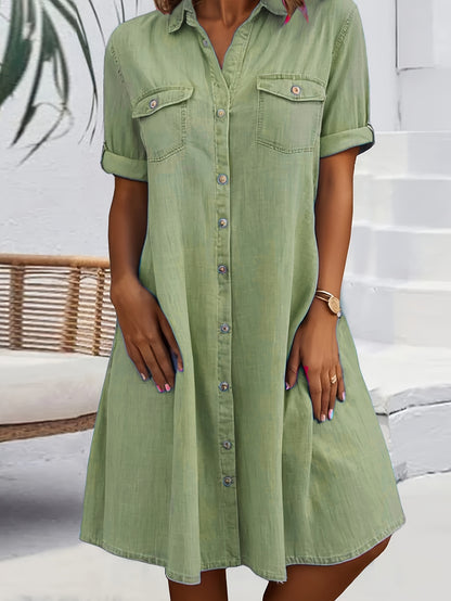 Women's Short Sleeve Shirt Collar Solid Color Buttons Midi Dress