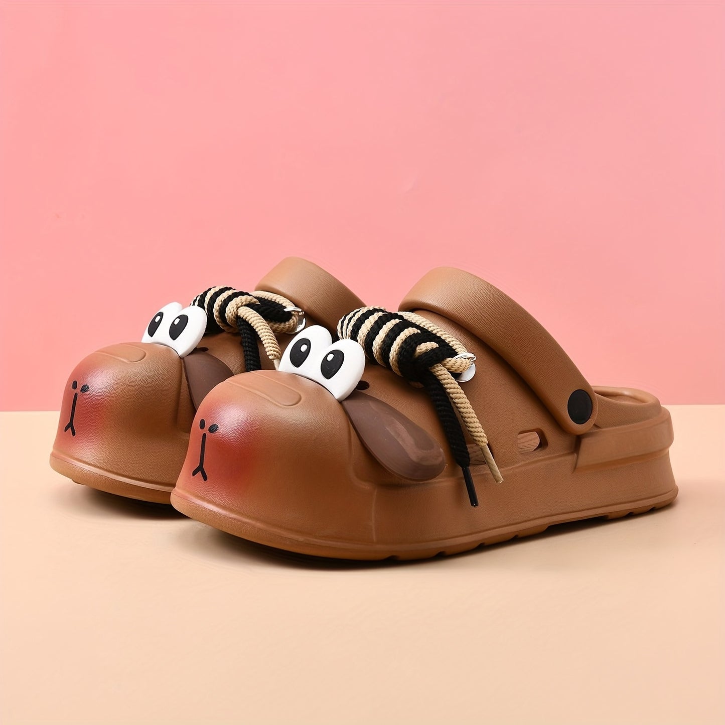 Women's Cute Cartoon Dog Design EVA Clogs - Summer Slip-On Sandals with Thick Sole, Non-Slip Beach Shoes, Beige & Brown Accents, Fun and Functional for Outdoor Play, Casual Footwear | Playful Shoe Design | Smooth Texture Footwear, Women Shoes
