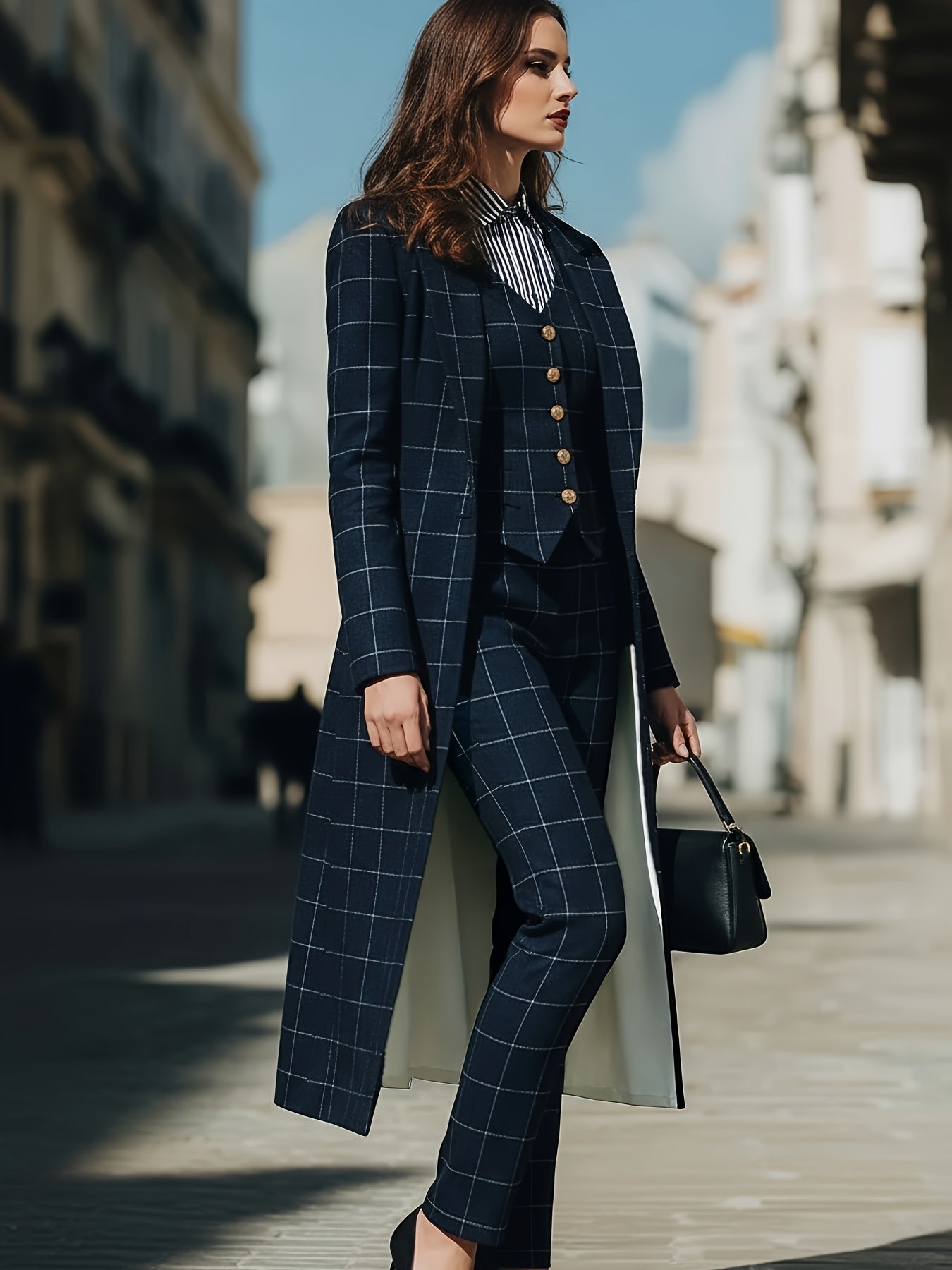 Three-Piece Ensemble: Navy Checkered Long Jacket + Vest with Golden Buttons + Tailored Trousers | for Women | Elegant And Refined Professional Staples, Ideal for Formal Travel, Corporate Gatherings, And All-Season Fashion