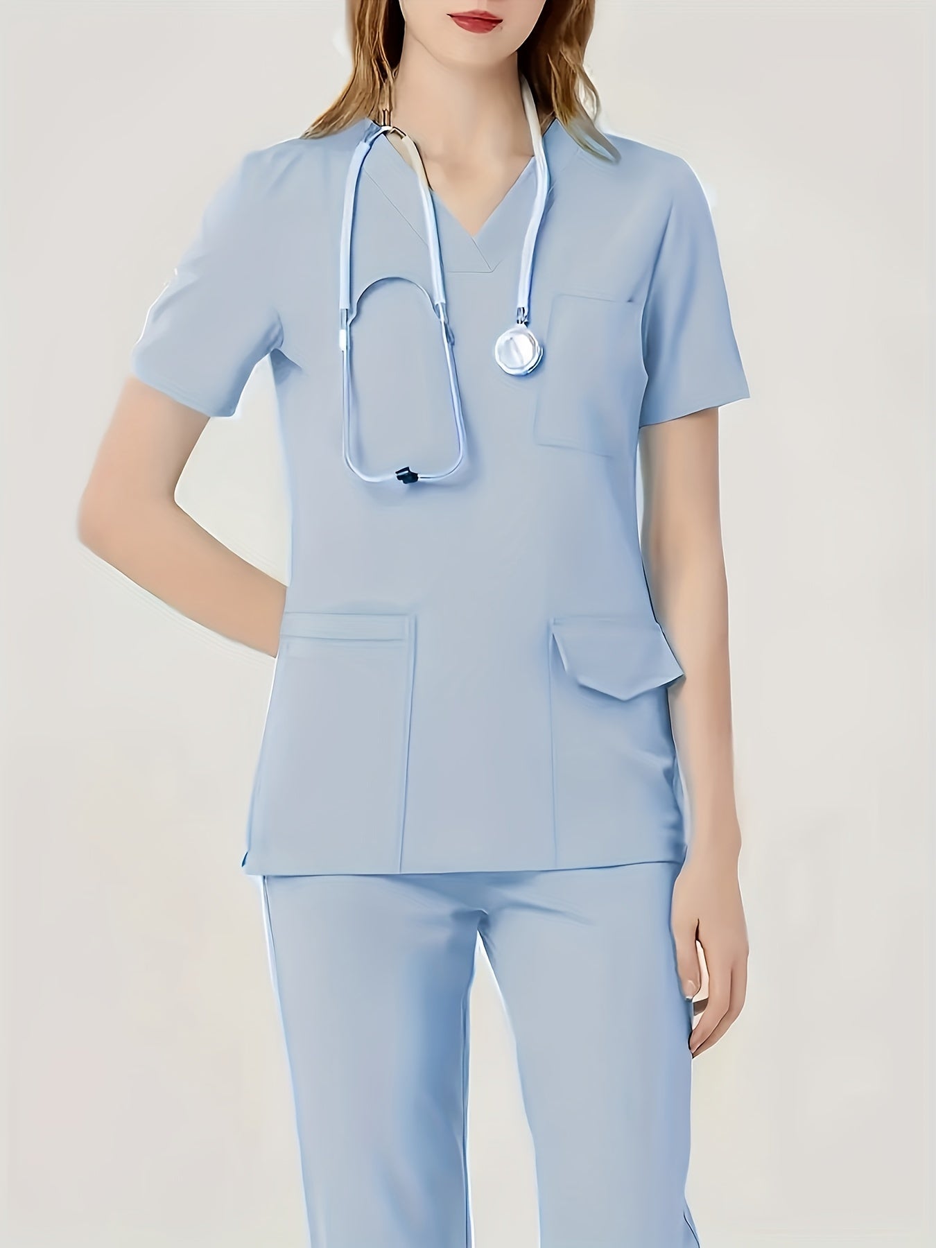 Ultra-Soft Womens Two-Piece Health Care Uniform Set - Stylish V-Neck Top With Practical Pockets & Sleek Solid Pants - Premium Quality, Comfortable Everyday Wear For Women
