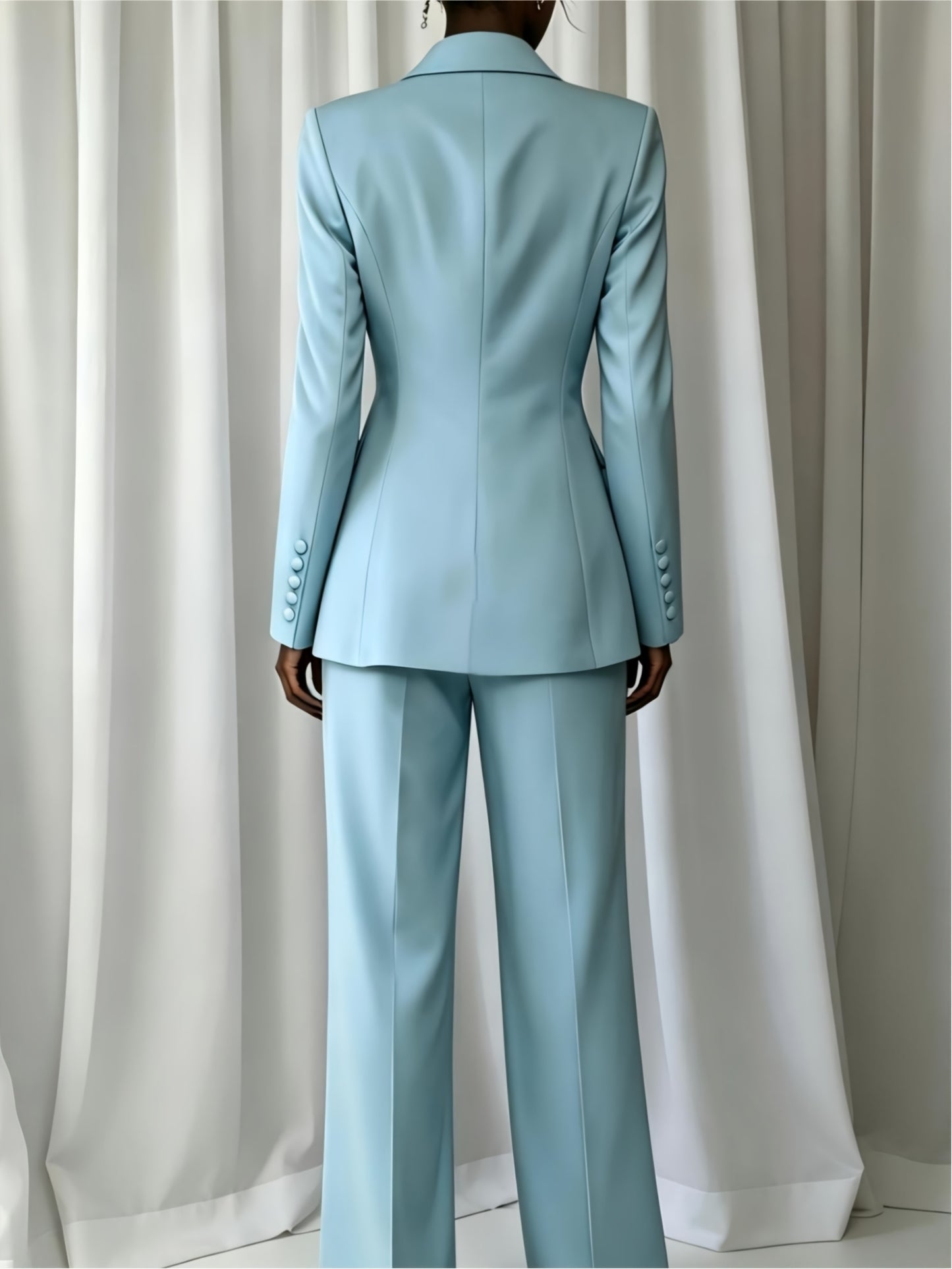 Women'S 2pcs Light Blue Suit Set, Tailored Lapel Blazer & Wide Leg Pants, Formal Business Outfit For Work Party Wedding