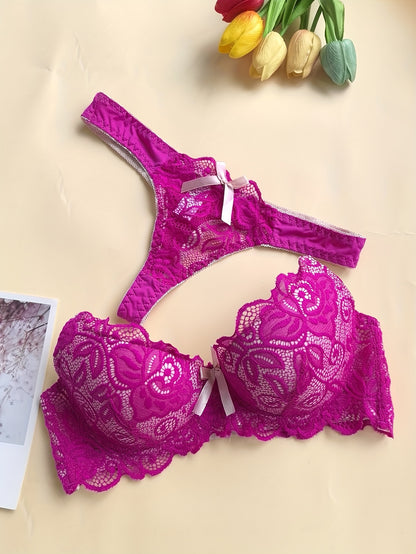 High-Quality French Lace Sexy Women'S Bra And Thong Panty Set with Exquisite Deep V Neckline