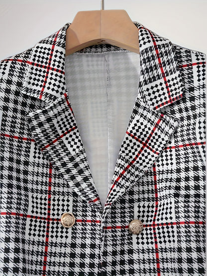 Plaid Pattern Button Elegant Skirt Set, Lapel Collar Long Sleeve Blazer & High Waist Skirt Outfits for Spring & Fall, Women's Clothing