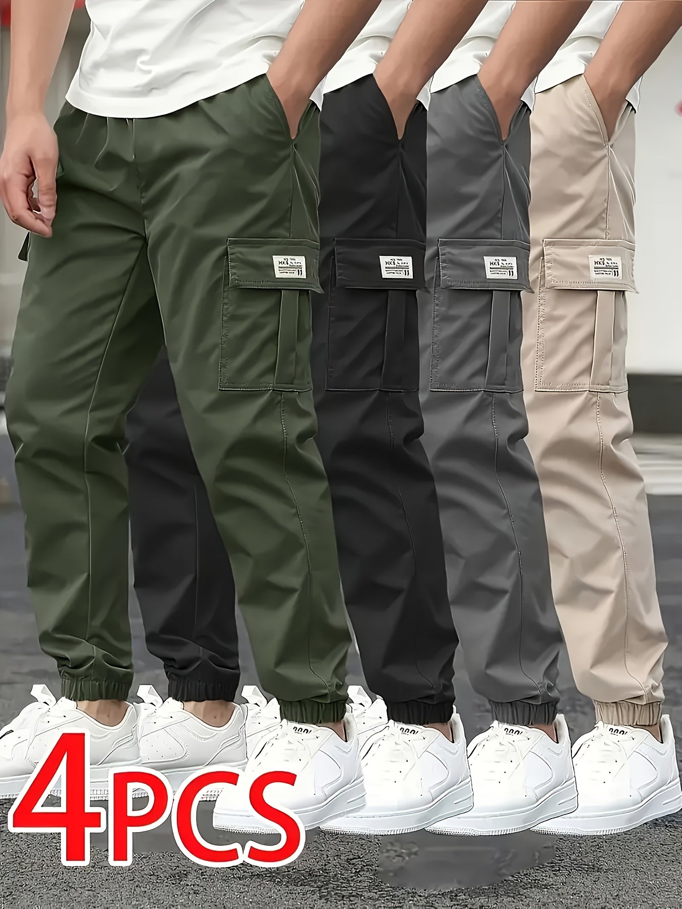 4pcs Men'S Multi-Pocket Cargo Pants in Solid Colors with Large Pockets And Tapered Legs, Featuring a Loose Waistband Design, Comfortable All-Season Casual Wear And Men'S Casual Trousers