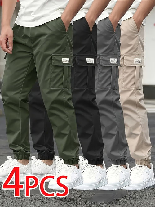4pcs Men'S Multi-Pocket Cargo Pants in Solid Colors with Large Pockets And Tapered Legs, Featuring a Loose Waistband Design, Comfortable All-Season Casual Wear And Men'S Casual Trousers