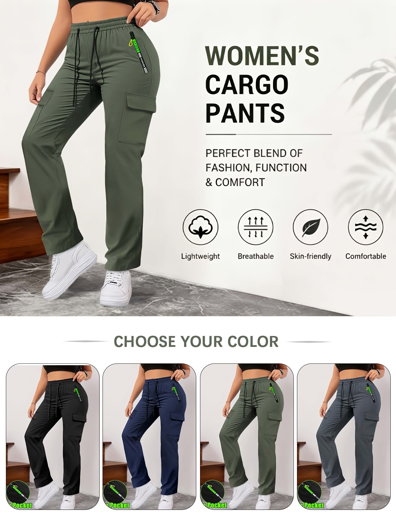 Women's Outdoor Sports Pants with Zippered Pockets, Elastic Waistband with Drawstring, Suitable for Climbing And Running