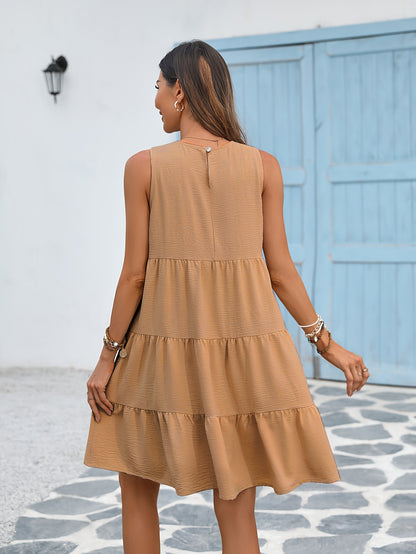 Round Neck Loose Big Swing Patchwork Cake Dress, Casual Solid Color Sleeveless Waist Summer Dresses
