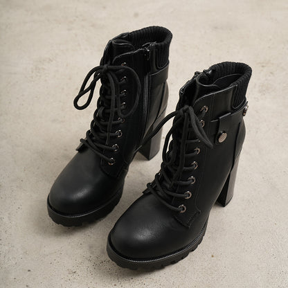 Women Short Boots Fall Winter Boots Women's Lace up Combat Ankle Boots High Chunky Heel Fashion Heeled Booties Shoes Black Boots