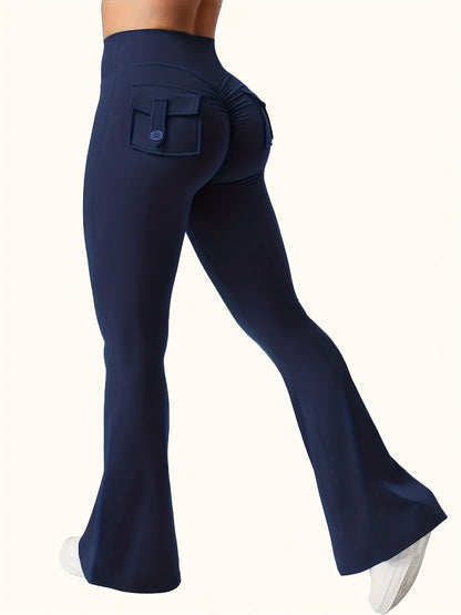 2025 New 3pcs Black Gray Green Trendy Work Attire Bell Bottom Trousers, Women'S Casual Flared Pants, High Waisted Pocket Activewear, Work Style Peach Hip Trousers, Quick Drying Belly Lifting Sports Pants with Flared Bottoms