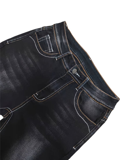 Women's Vintage Embroidered Geometric Detail Mid-Rise Stretch Flared Jeans - High Elasticity Machine-Washable Denim Pants for All-Season Comfort