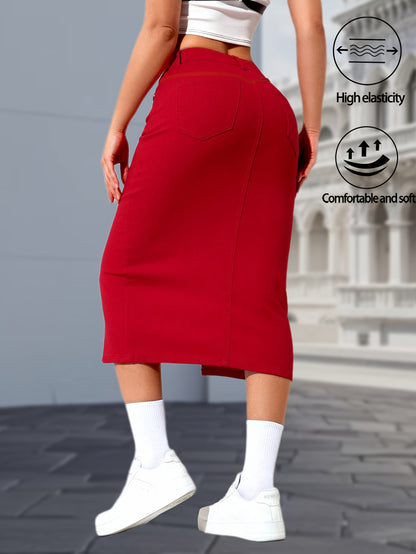 Women's High Waisted Red Midi Denim Skirt with Side Slit, Casual Vintage Jean Skirt, Comfortable and Stretchy Button Front Design, Y2K Fashion Style for Spring Summer Outfits