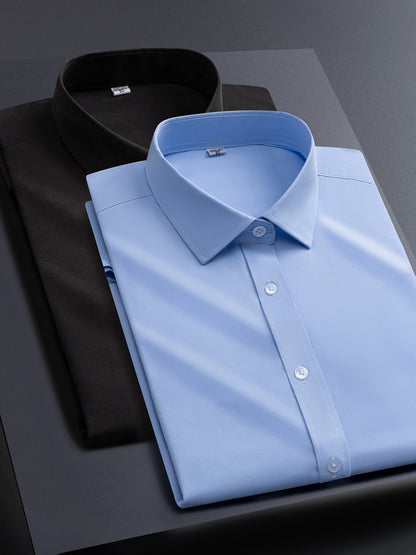 2pcs Men's Long Sleeve Dress Shirts - Elegant White, Stretchy Fabric, Business Casual, Unwrinkled, Single-Breasted with Lapel Collar, All-Season Wear, Casual Attire|Elegant Lapel Shirt|Stretchy Fabric