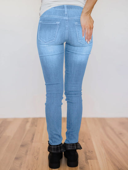 Women's Mid-Rise Butt-Lifting Skinny Jeans - 2025 Summer Color Block Stitching, European & American High Street Fashion, Stretch Denim with Pockets, All-Season Figure-Flattering Jeans for Everyday & Night Out, Comfortable Fashion | Medium Elasticity