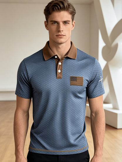 American Flag Gradient Cross Print Polo Shirt for Men's Casual Lapel Short Sleeved Patriotic Themed Commuting Top, American Flag Armband Contrasting Striped Short Sleeved Casual Business Lapel Top