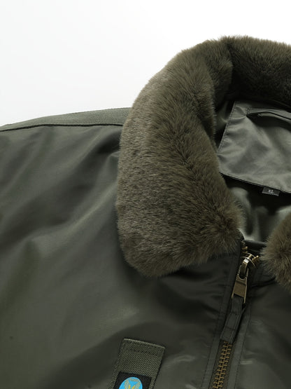 Men'S Plus Size Flight Jacket with Faux Fur Collar, Made from 100% Nylon in a Solid Military Style, Featuring a Non-Stretch Woven Fabric, Zipper Closure, And Pockets. This Regular Fit Outerwear Is Lined with And Available in Plus Sizes