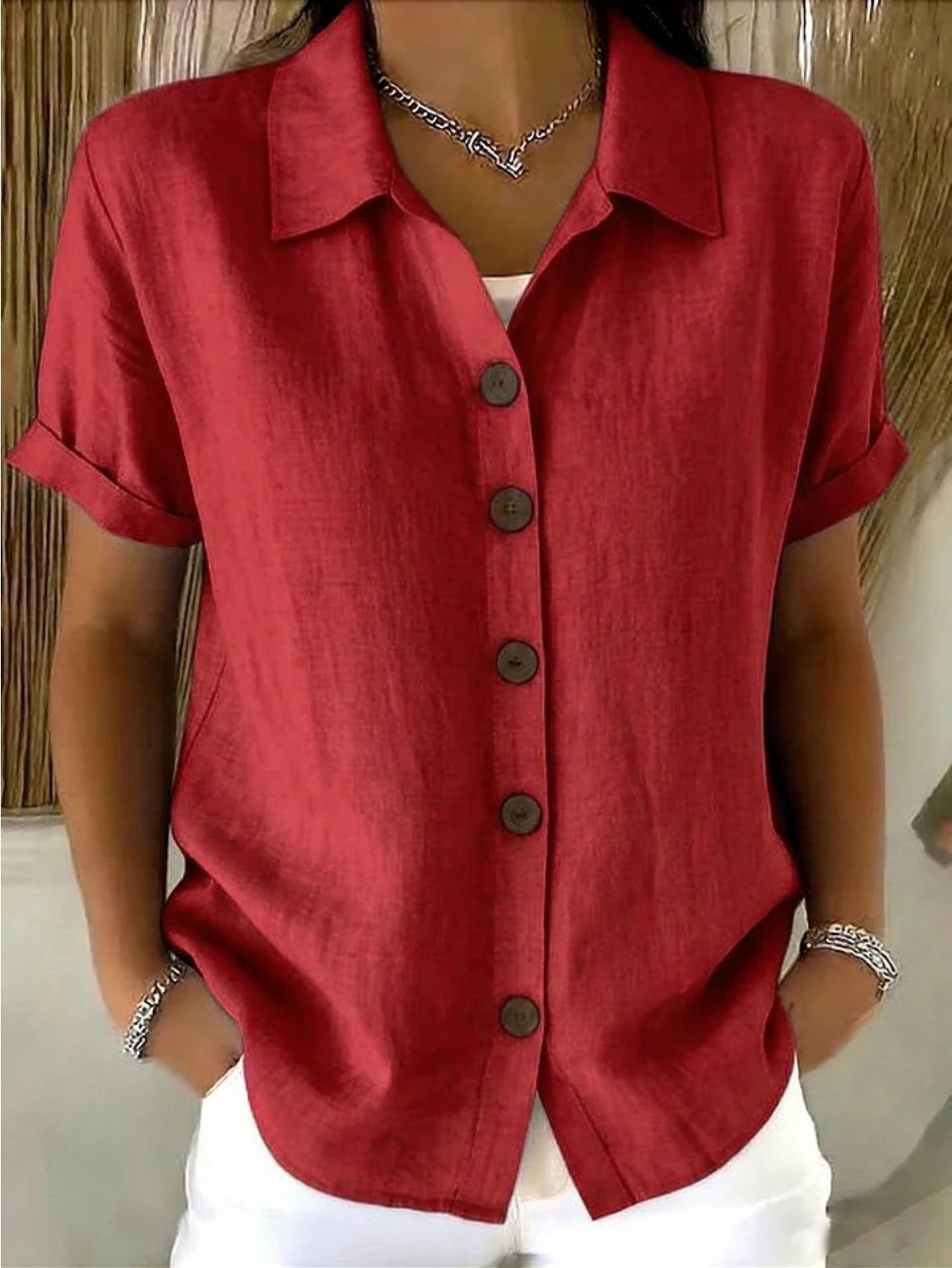 [Casual Loose Fit Blouse] Women's Collared Short Sleeve Button Shirt Casual Loose Fit Fashion Blouse for Ladies Spring Summer Daily Wear Office Work Vacation Beach Streetwear Weekend Holiday Travel Outfit Trendy Female Casual Attire Casual Tops