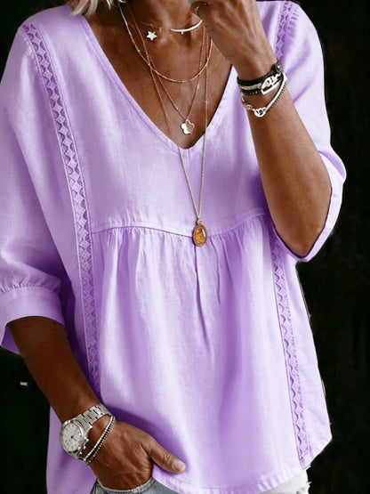 Women'S V-neck Loose-fit Top With Lace Panels; Elegant Design, Three-quarter-length Puff Sleeves, Lace Cut-out Detailing At The Sides, Figure-flattering Cut That Conceals The Tummy; Perfect For Bohemian-inspired Office Wear
