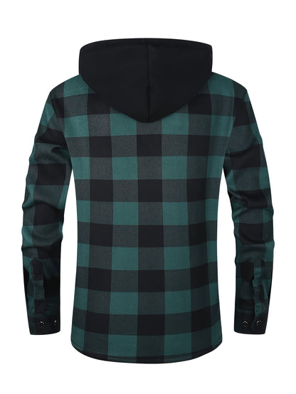 2025 New Men'S Checked Hooded Coat - Comfortable Fleece-Lined, Thick Casual Long Sleeve Top with Pockets, Black And Green Check Design, Ideal for Autumn/Winter, Suitable for Casual Or Professional Attire