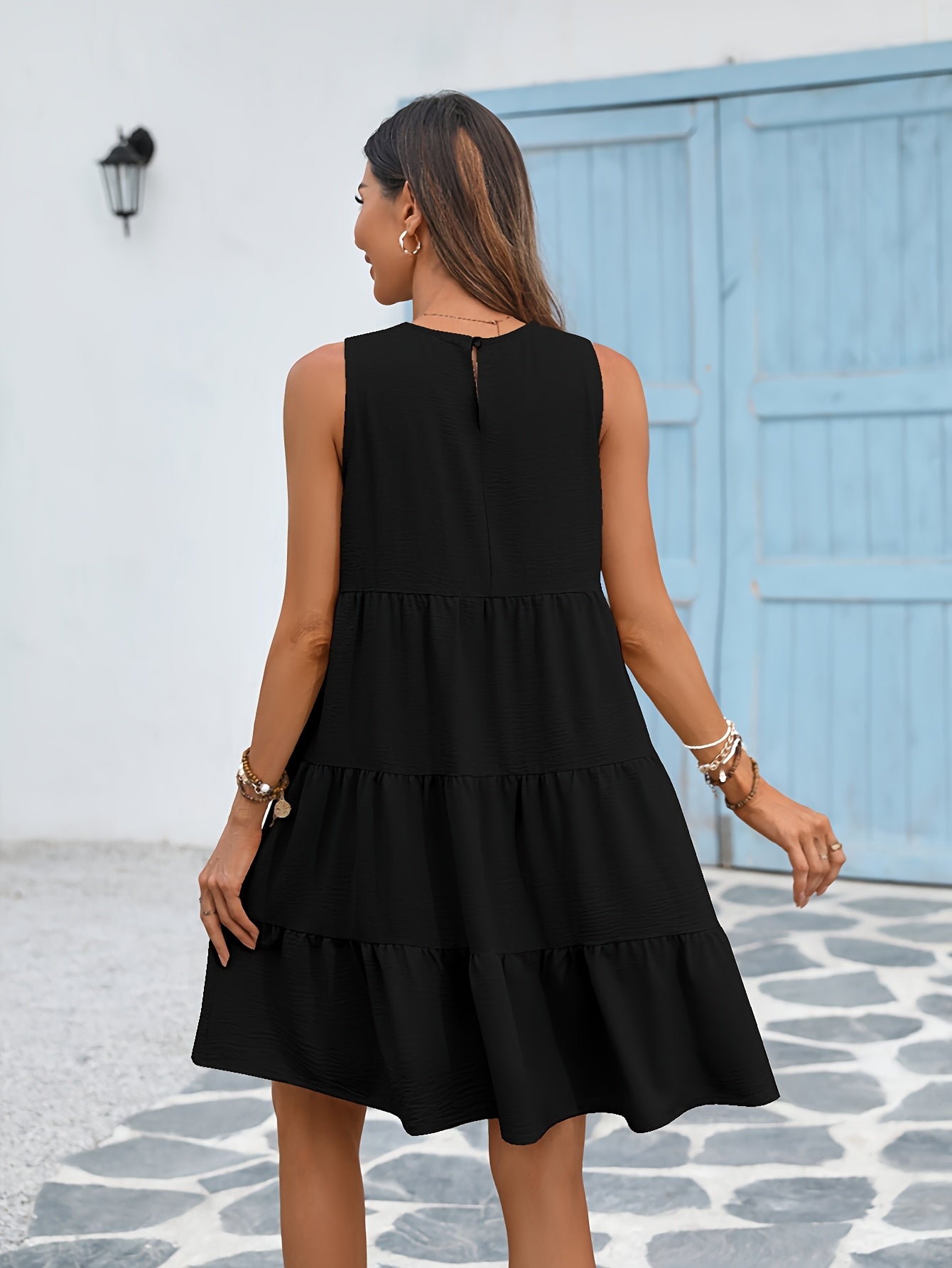 Round Neck Loose Big Swing Patchwork Cake Dress, Casual Solid Color Sleeveless Waist Summer Dresses