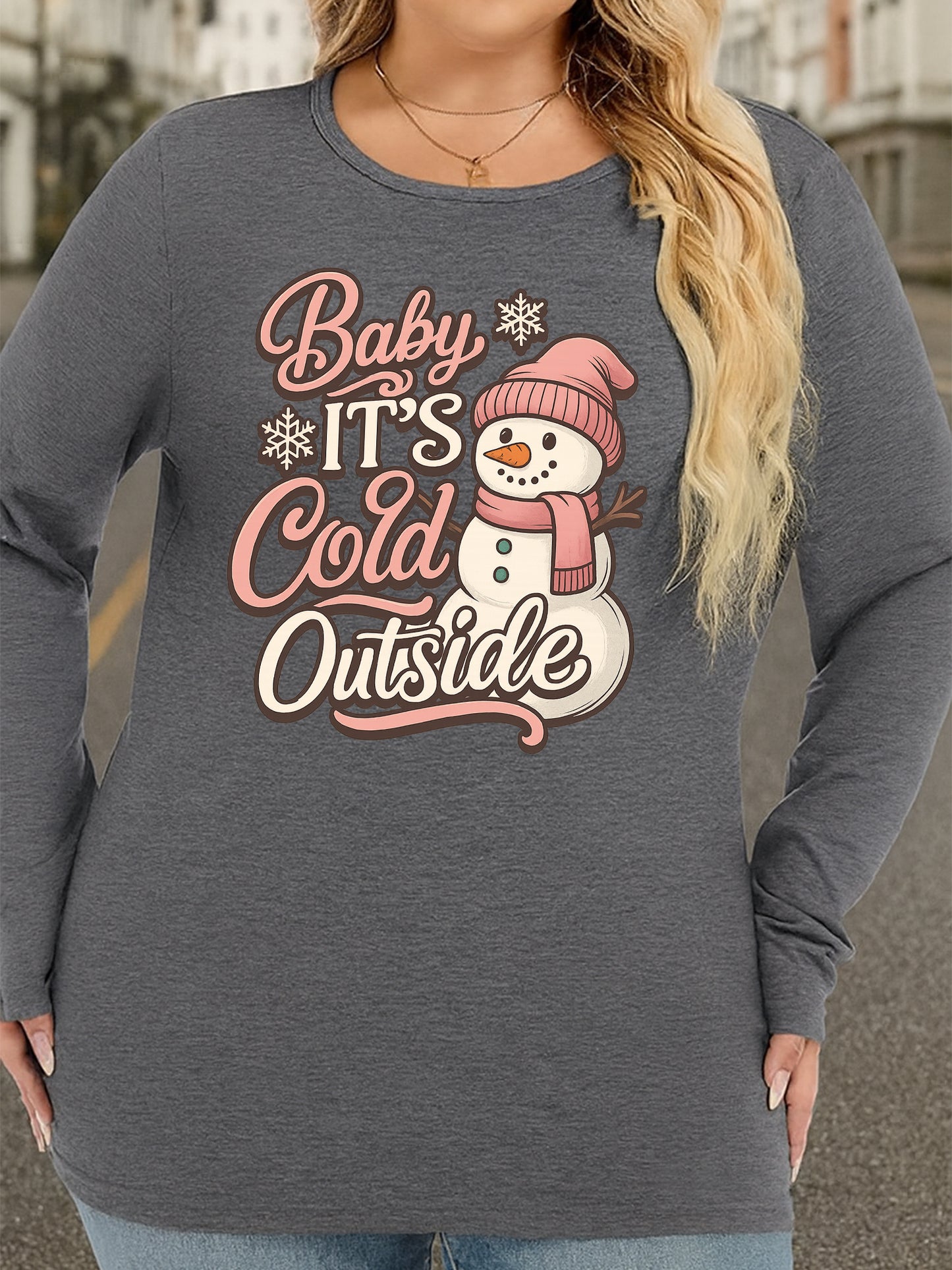Plus Size, Oversized T-shirt with snowman pattern wearing pink hat and scarf, casual round neck oversized bottoming shirt, oversized long-sleeved T-shirt for spring and summer, Women's swear, new Women's clothing, machine washable