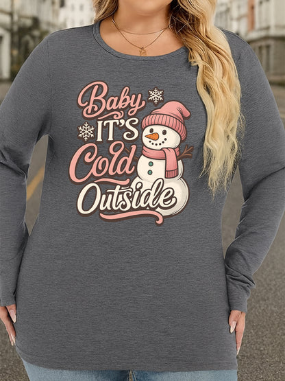 Plus Size, Oversized T-shirt with snowman pattern wearing pink hat and scarf, casual round neck oversized bottoming shirt, oversized long-sleeved T-shirt for spring and summer, Women's swear, new Women's clothing, machine washable