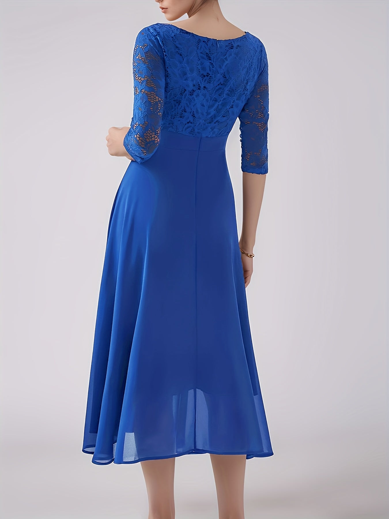 Elegant Navy Blue Lace-Trimmed Chiffon Evening Gown with Short Sleeves And Flowing Skirt, Perfect for Formal Events And Parties, Formal Evening Gown